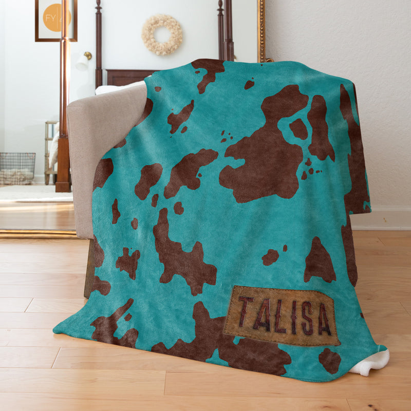 Teal and Brown Faux Cow Hide - Custom Faux Leather Name - Personalized Blanket