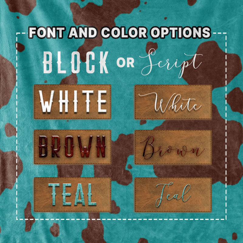Teal and Brown Faux Cow Hide - Custom Faux Leather Name - Personalized Blanket