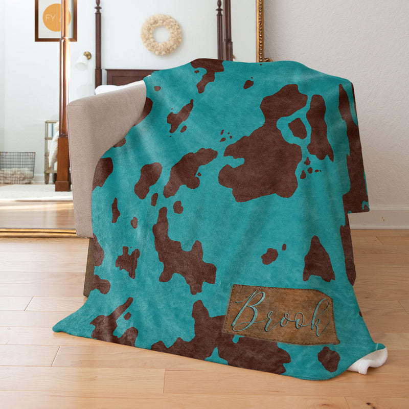 Teal and Brown Faux Cow Hide - Custom Faux Leather Name - Personalized Blanket
