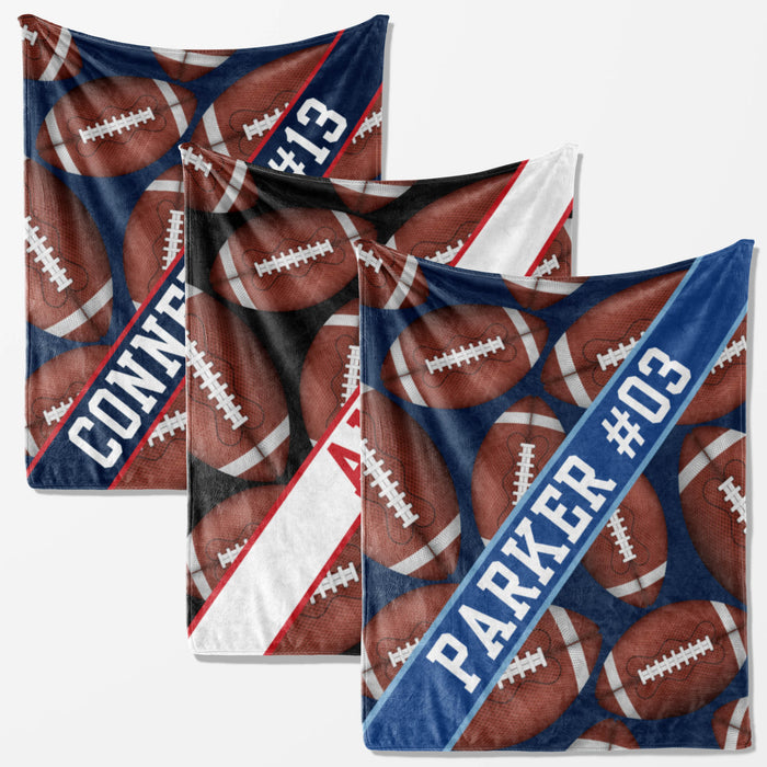 three blankets with a football theme, each featuring a different color scheme and the name "Parker" printed on them.