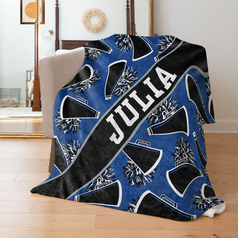 Cheer Megaphone and Pom Poms with Name plate - Personalized Blanket