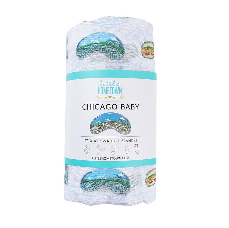 Chicago Foodie Baby Gift Bundle Bamboo Cotton Swaddle, Bib, Onesie