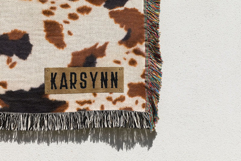 Faux Black and Brown Cow Hide with Name -  Personalized Woven Blanket