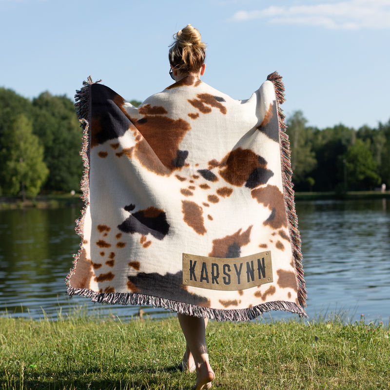 Faux Black and Brown Cow Hide with Name -  Personalized Woven Blanket