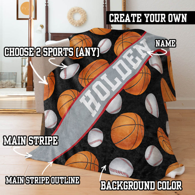 Create Your Own 2 Sports Mixed Pattern with Name Plate Stripe - Personalized Blanket
