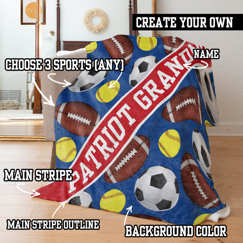 Create Your Own 3 Sports Pattern with Name Plate Stripe - Personalized Blanket