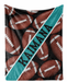 A black and teal blanket with a repeating pattern of footballs and the name "KAIMANA" printed on it.