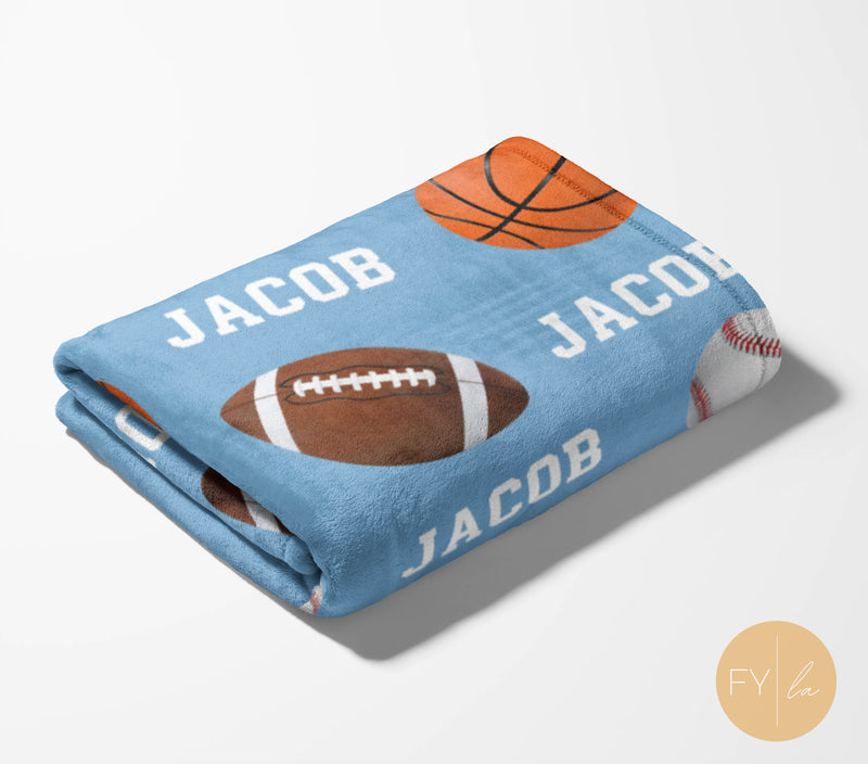 Basketball Football Baseball Pattern Repeating Name- Personalized Blanket
