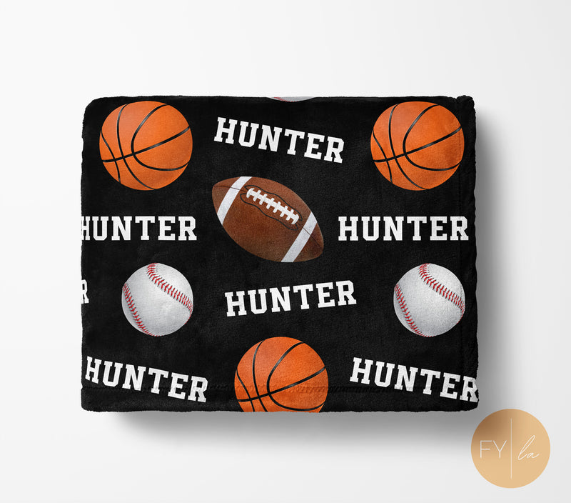 Basketball Football Baseball Pattern Repeating Name- Personalized Blanket