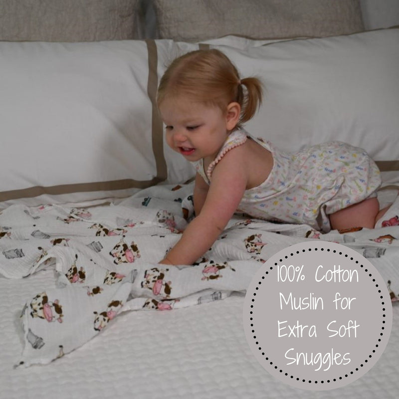 The Cow Goes MOO Farm Baby Muslin Swaddle Blanket