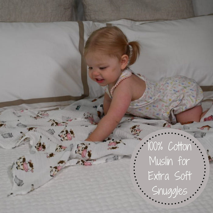 The Cow Goes MOO Farm Baby Muslin Swaddle Blanket