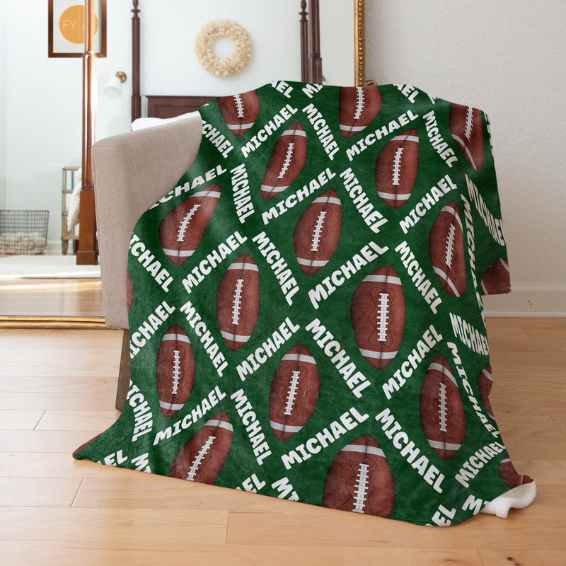 Repeating Name Angled with Footballs - Personalized Blanket