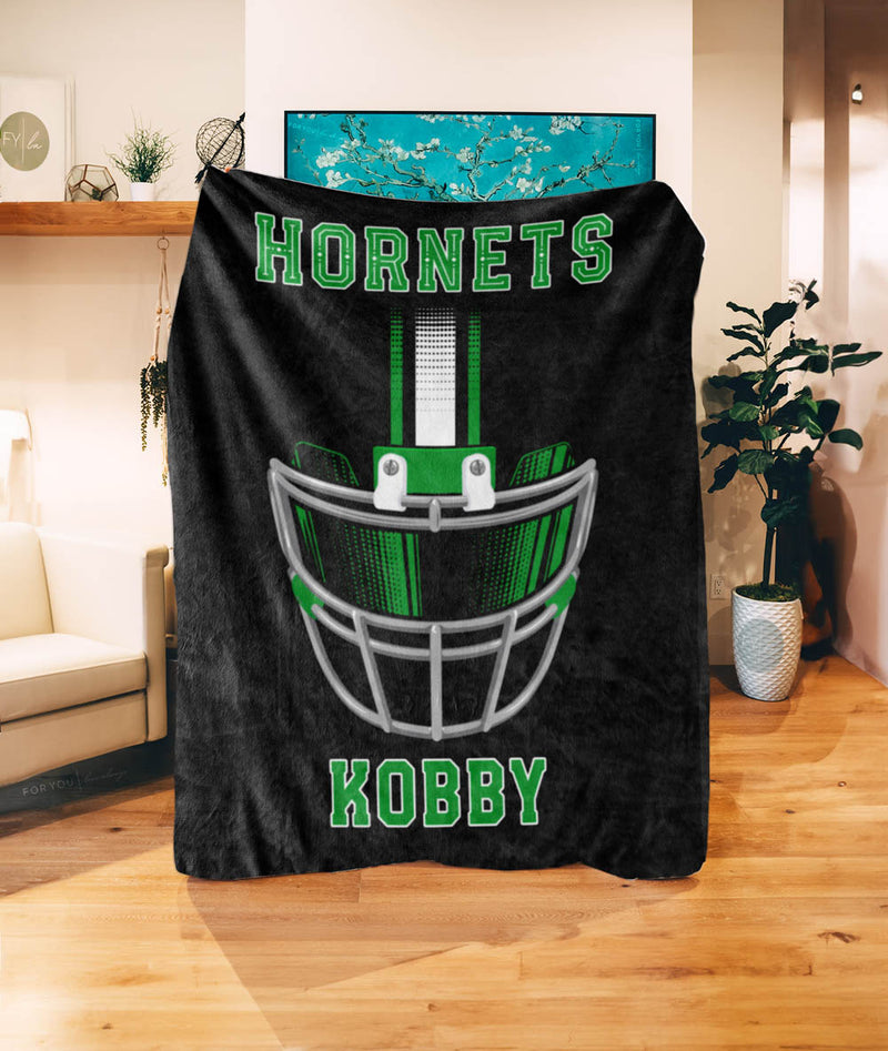 Football Helmet Front View with Name and Team Name - Custom Colors - Personalized Blanket