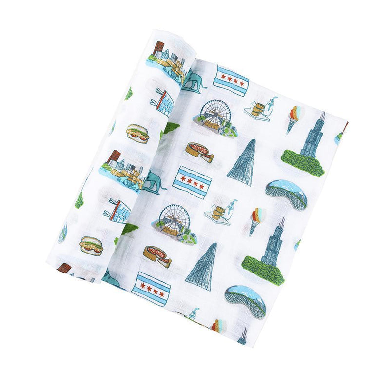 Gift Set: Chicago Baby Muslin Swaddle Blanket and Burp Cloth/Bib Combo