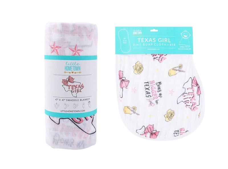 Gift Set: Texas Baby Girl Muslin Swaddle Blanket and Burp Cloth/Bib Combo