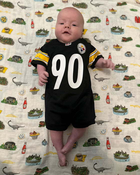 GiftSet: Pittsburgh Baby Muslin Swaddle Blanket and Burp Cloth/Bib Combo