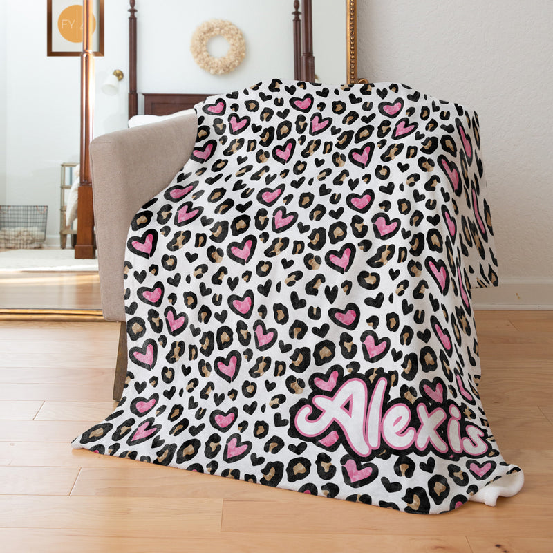Leopard Spots and Hearts with Custom Name - Personalized Blanket