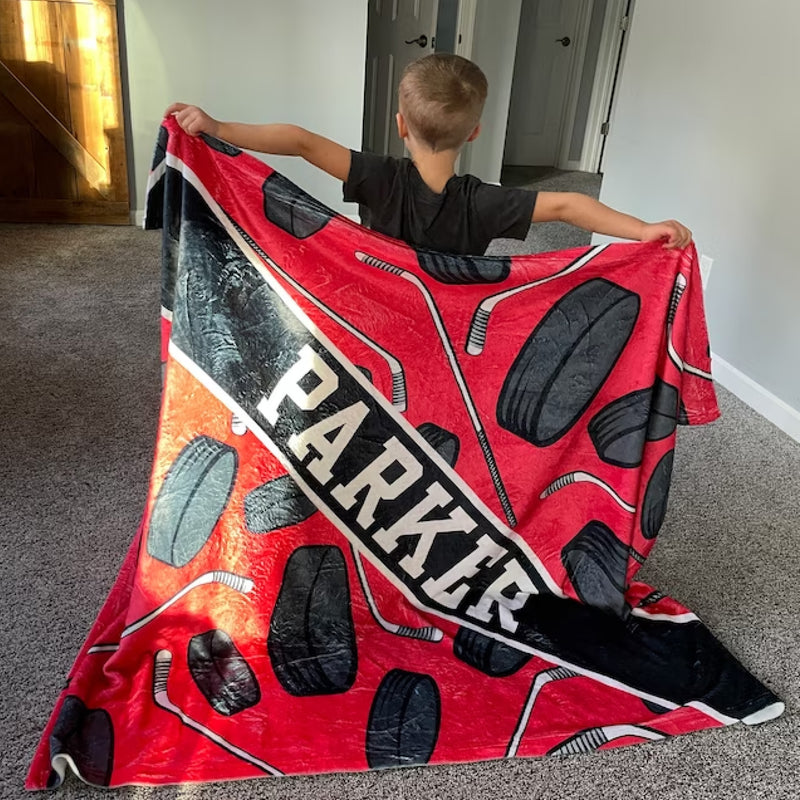 Hockey Pattern with Name Plate Stripe - Personalized Blanket
