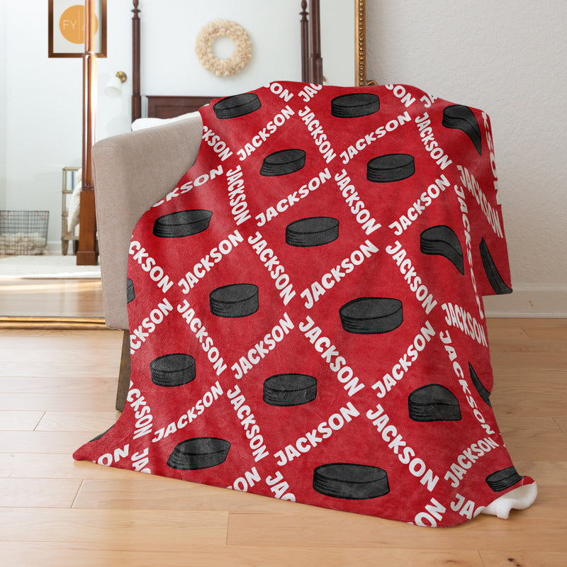 Repeating Name Angled with Hockey Pucks - Personalized Blanket
