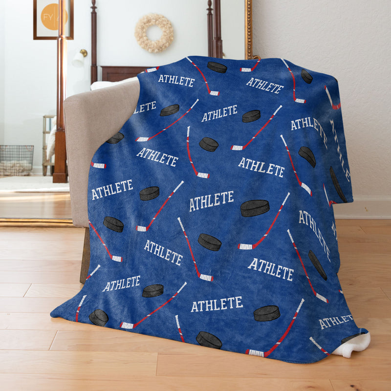 Hockey Repeating Name and Stick and Puck - Personalized Blanket