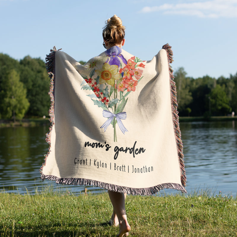 Family Garden with Names and Birth Flowers -  Personalized Woven Blanket