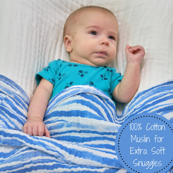 Waving At You Baby Muslin Blue Swaddle Blanket