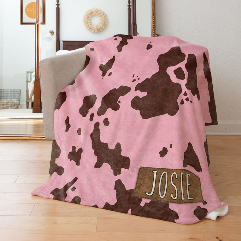 Pink and Brown Faux Cow Hide - Custom Faux Leather Name - Personalized Blanket