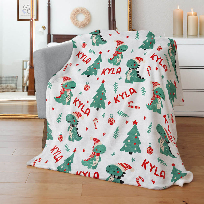 Christmas Dinosaurs with Repeating Name - Personalized Blanket