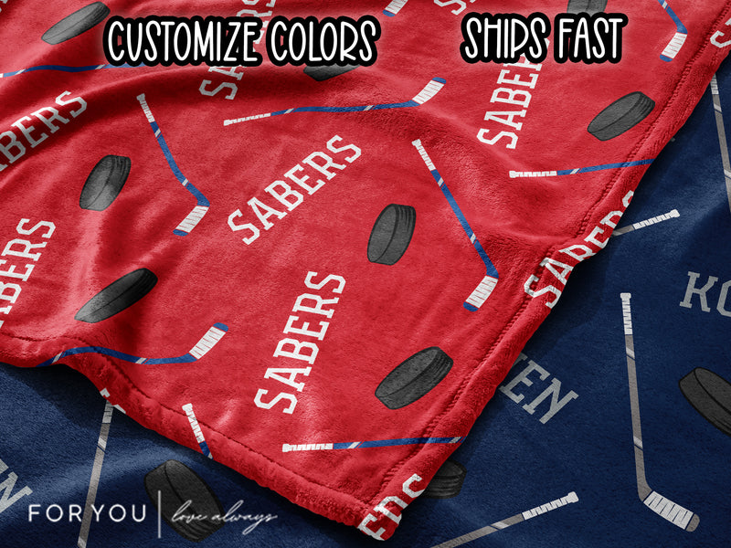 Hockey Repeating Name and Stick and Puck - Personalized Blanket