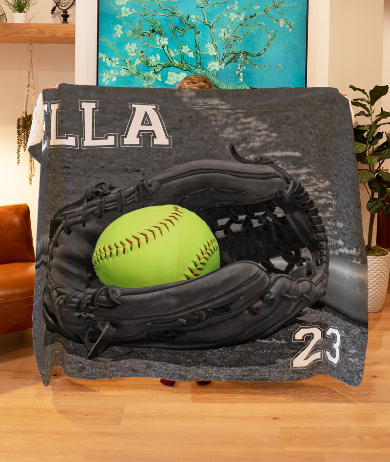 Black and White with Bright Yellow Softball with Name - Personalized Blanket