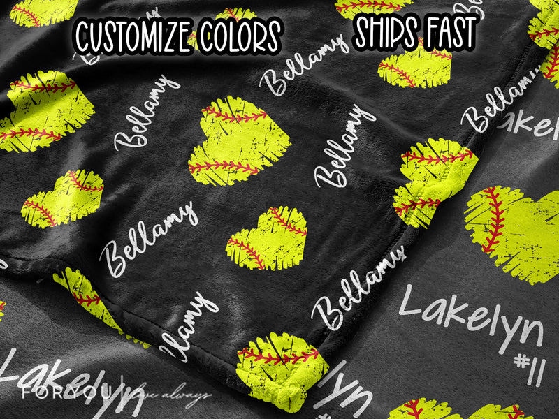 Repeating Name with Softball Hearts - Personalized Blanket
