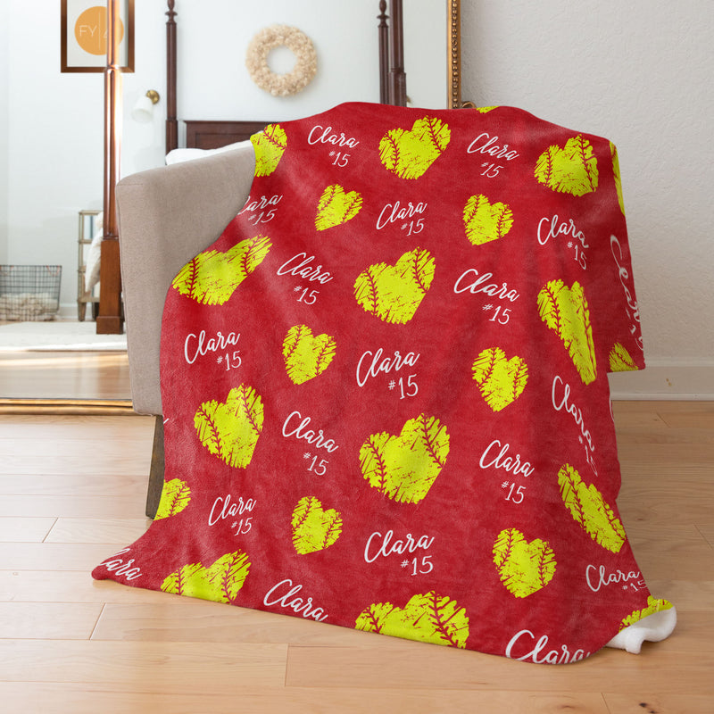 Repeating Name with Softball Hearts - Personalized Blanket