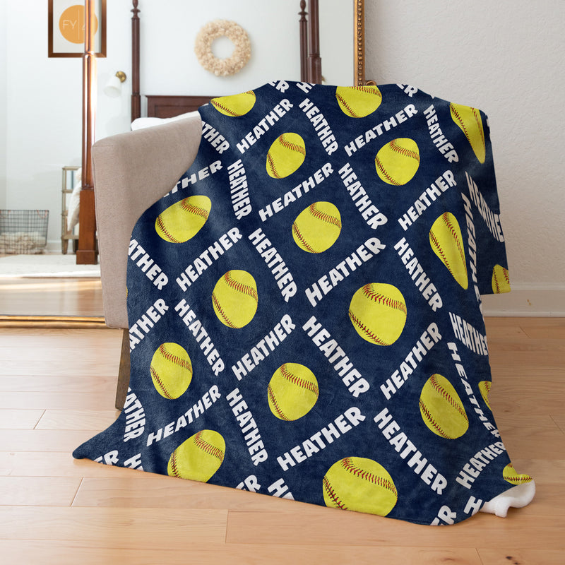 Repeating Name Angled with Softballs - Personalized Blanket
