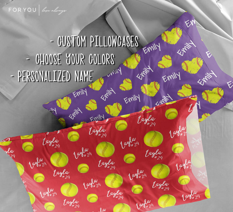 Repeating Softball Hearts or Ball and Name - Personalized Pillowcase