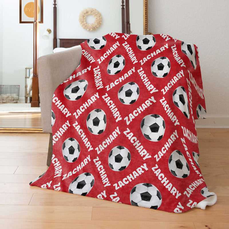 Repeating Name Angled with Soccer Balls - Personalized Blanket