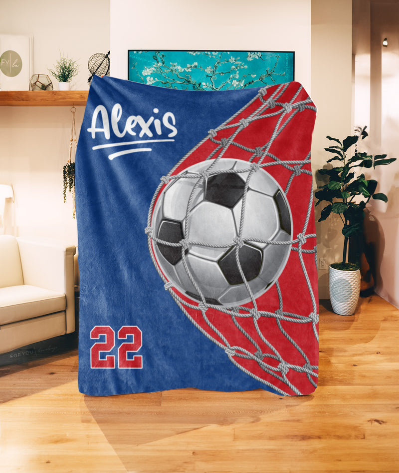 Soccer Ball Through Net Colored Design with Name - Personalized Blanket