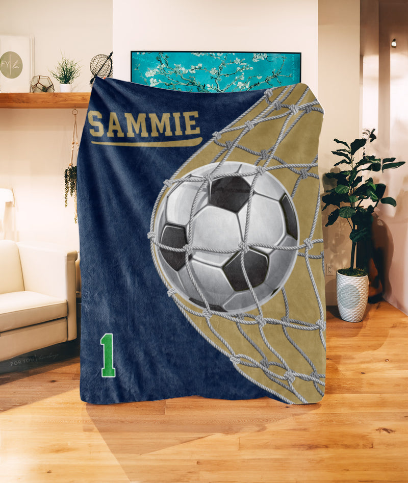 Soccer Ball Through Net Colored Design with Name - Personalized Blanket