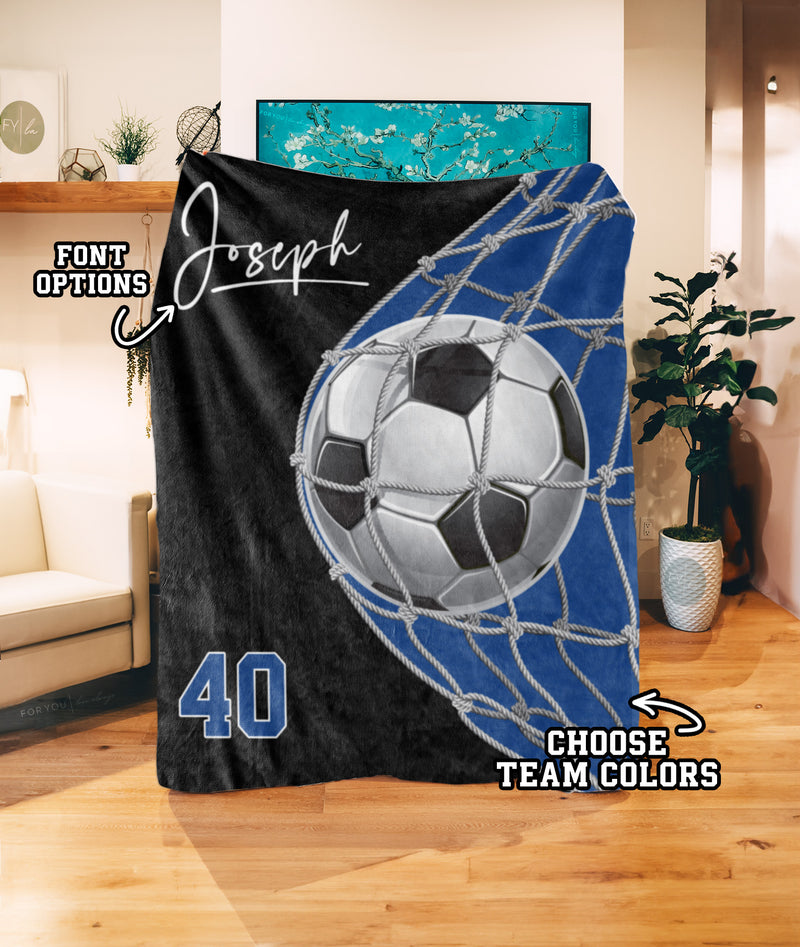 Soccer Ball Through Net Colored Design with Name - Personalized Blanket