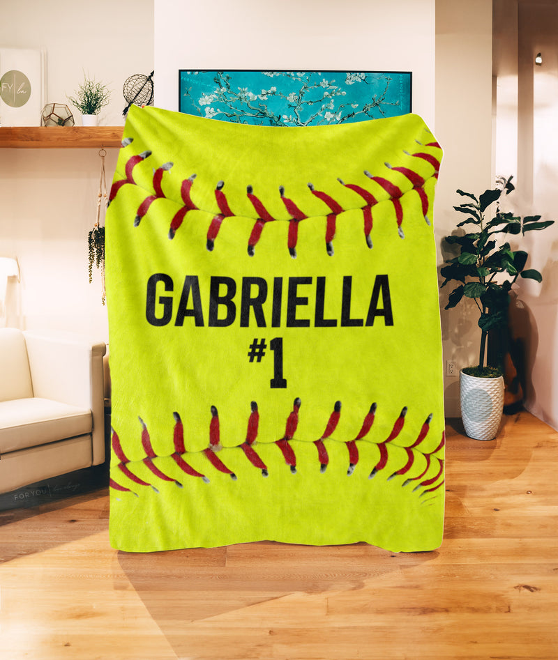 Realistic Full Softball Design with Name - Personalized Blanket