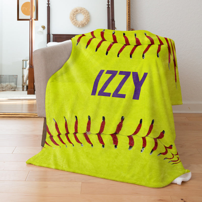 Realistic Full Softball Design with Name - Personalized Blanket