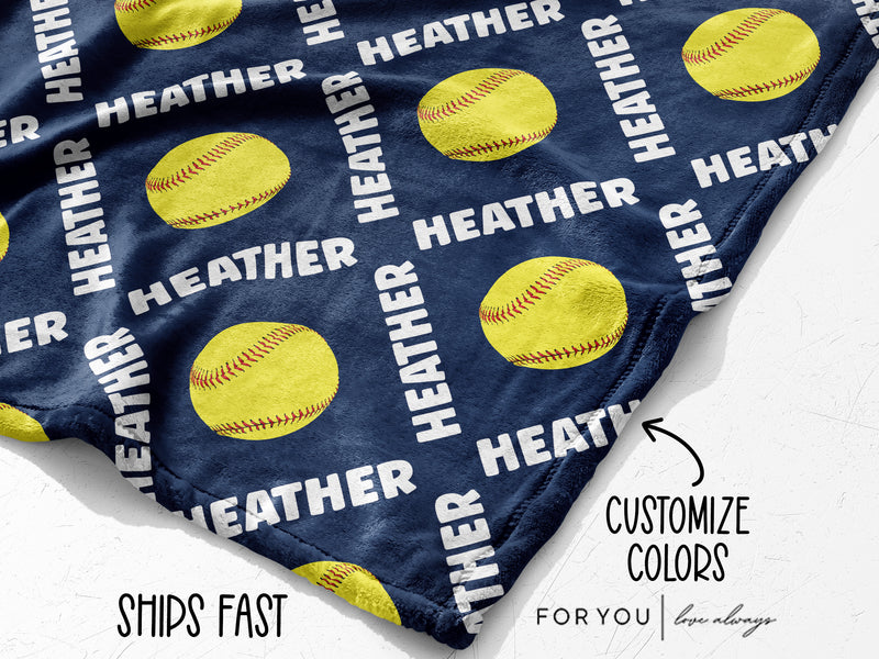 Repeating Name Angled with Softballs - Personalized Blanket