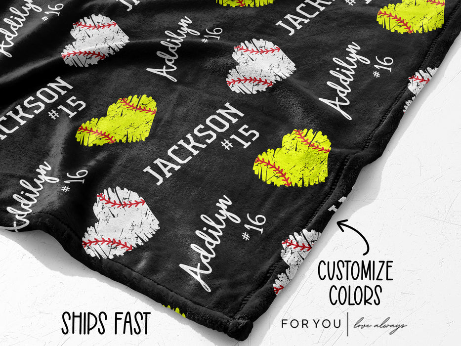Repeating Names with Softball and Baseball Hearts - Personalized Blanket