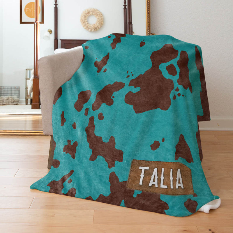 Teal and Brown Faux Cow Hide - Custom Faux Leather Name - Personalized Blanket