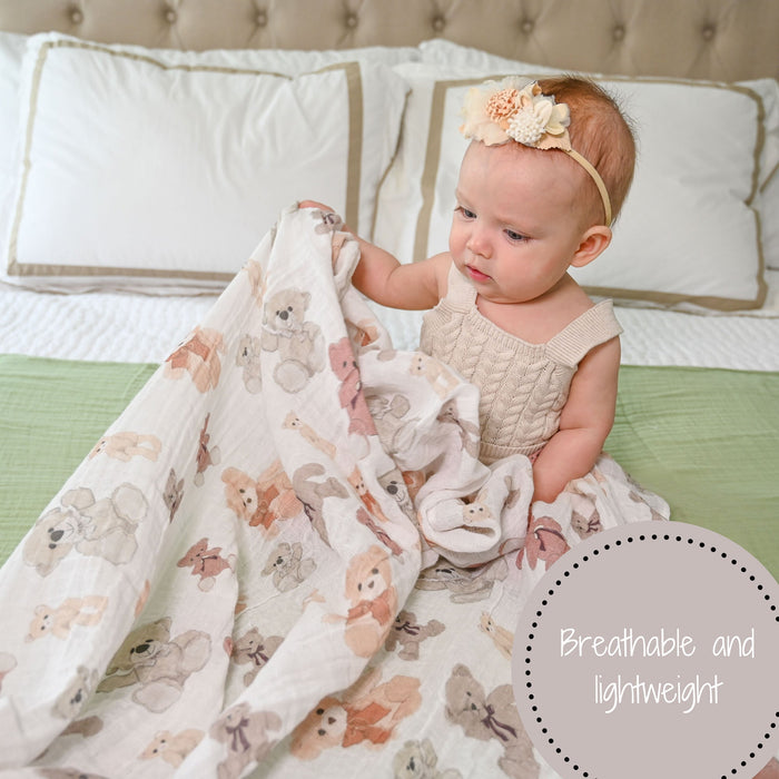 LollyBanks Muslin Swaddle Blankets, 100% Cotton Baby Blanket, 47"x 47" Newborn Swaddle Blanket, (Teddy Bear Print)