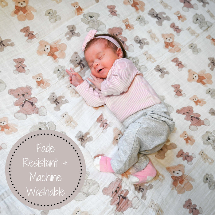 LollyBanks Muslin Swaddle Blankets, 100% Cotton Baby Blanket, 47"x 47" Newborn Swaddle Blanket, (Teddy Bear Print)