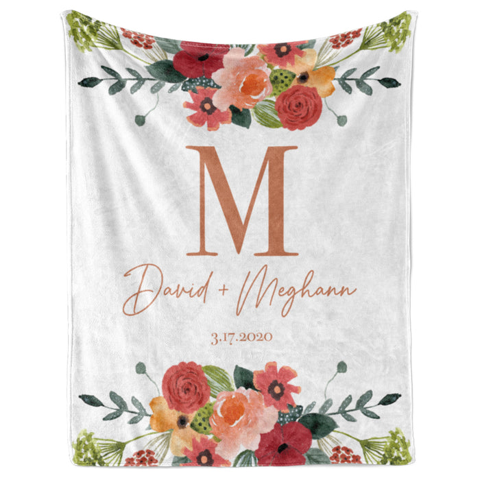 Flower Pattern with Monogram and Couples Name and Date - Personalized Blanket