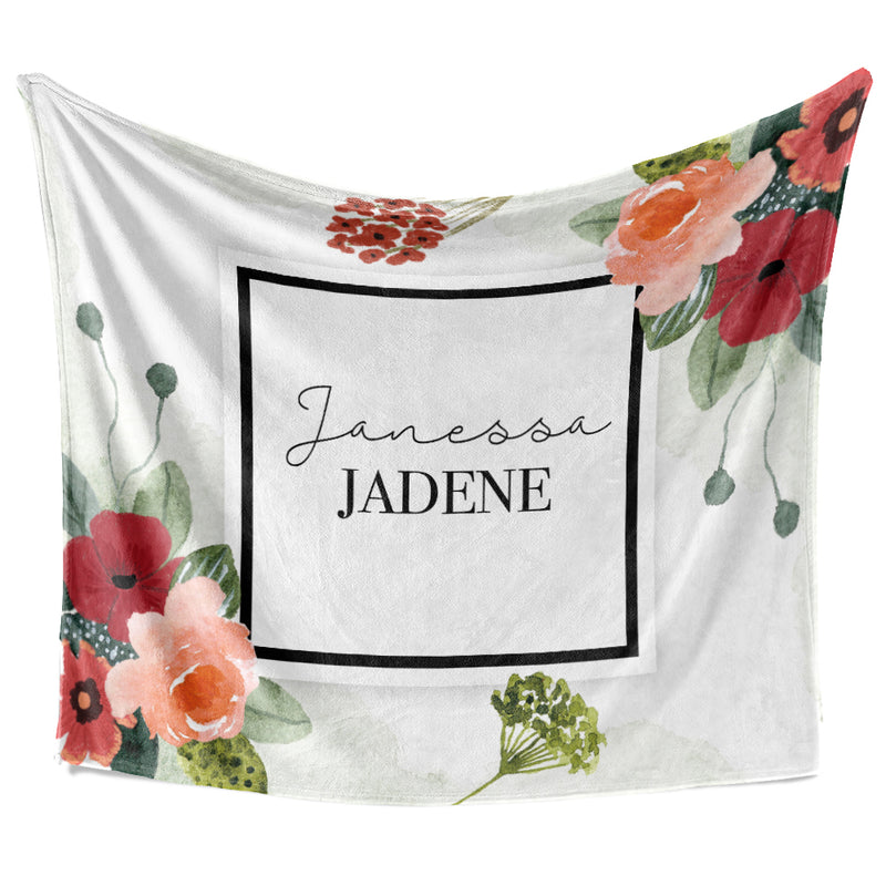 Red and Pink Flowers in Corners with Name Box - Blanket