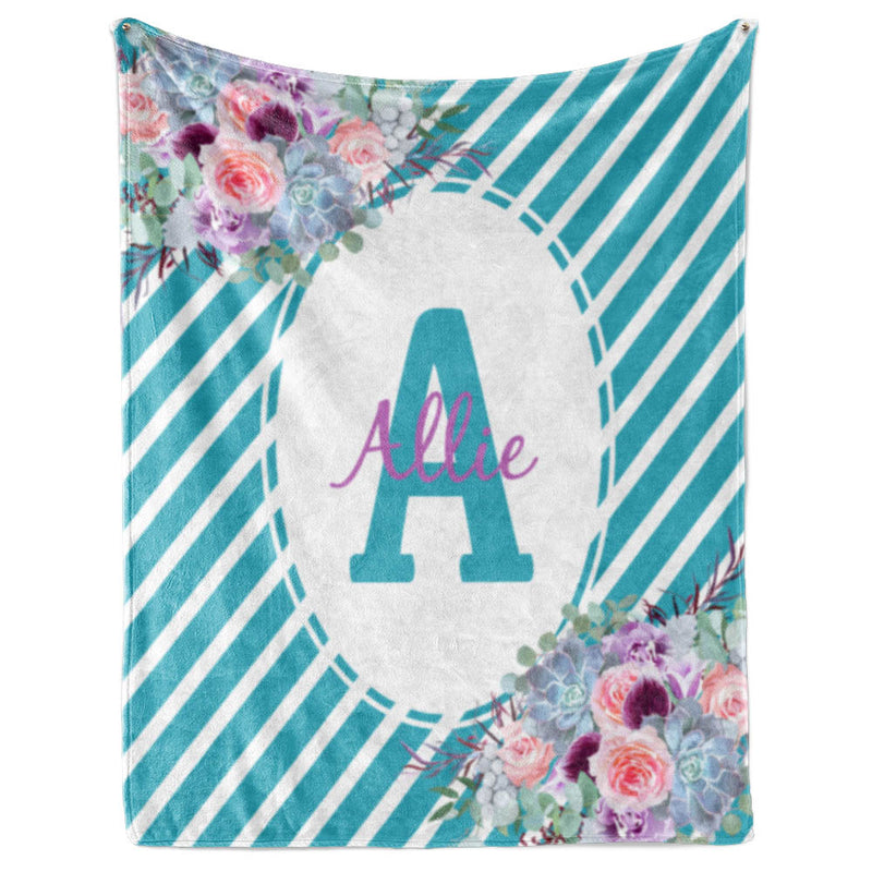 Succulent Flowers with Oval Frame Monogram and Name - Personalized Blanket