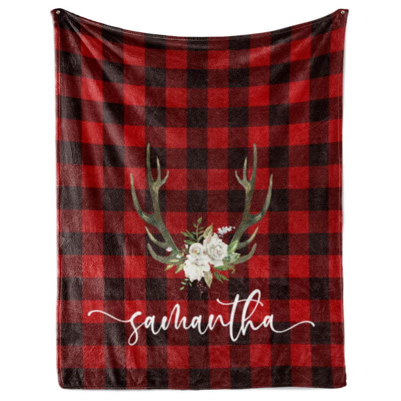 Red Buffalo Plaid - Boho Antlers with Name - Personalized Blanket